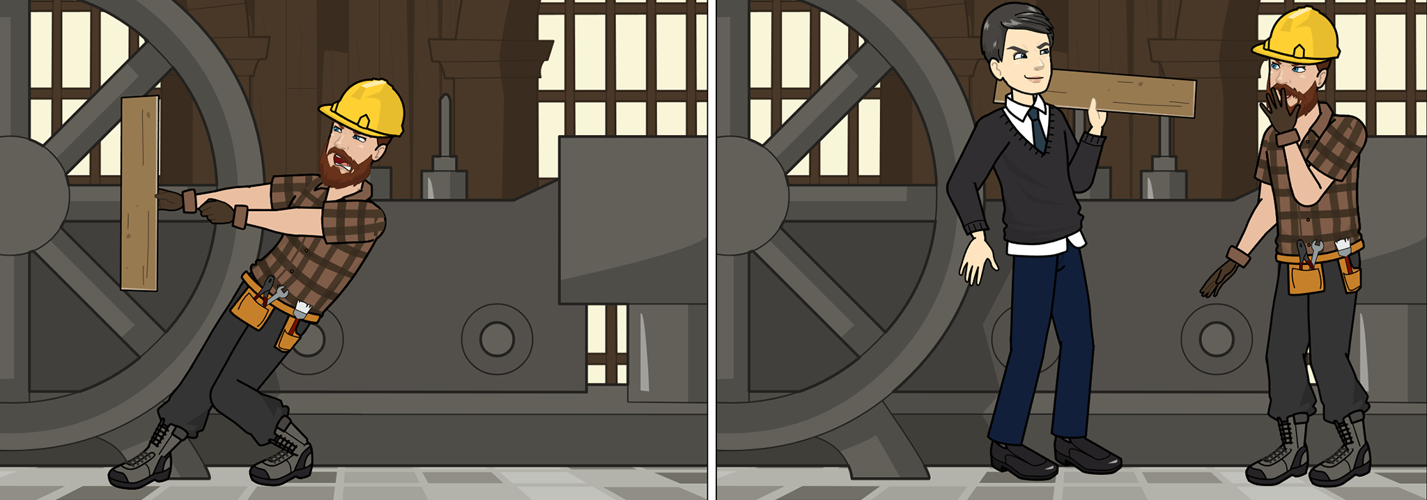 Comic-Illustration eines verzweifelten Arbeiters im Maschinenbau, der versucht, ein blockiertes, riesiges Zahnrad durch das Herausziehen eines Holzbretts wieder in Gang zu bringen. Comic-Illustration: Dr. Pramhas löst als Experte für Projektunterstützung die Blockade des riesigen Zahnrads, während der Arbeiter erstaunt und erleichtert zuschaut.